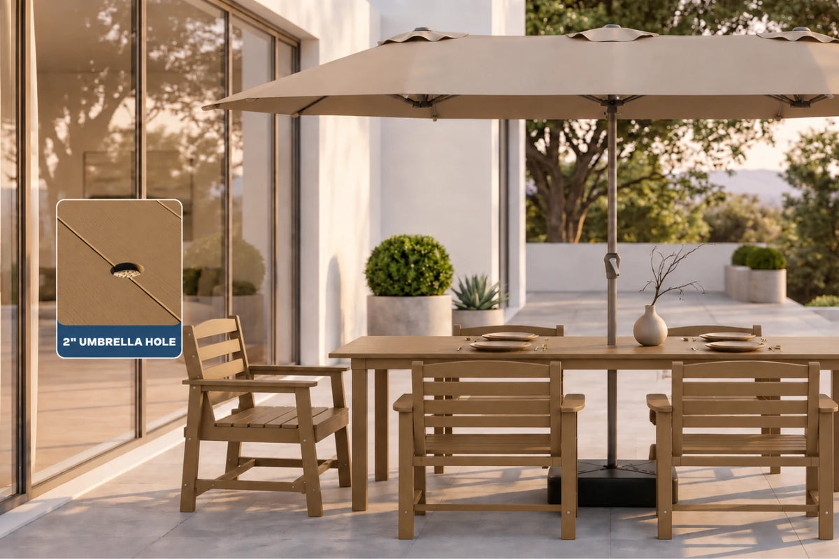 Outdoor patio dining setup with a rectangular brown dining table, four matching brown chairs, a large beige patio umbrella, and glass sliding doors. A small inset callout on the left highlights a 2-inch umbrella hole detail.