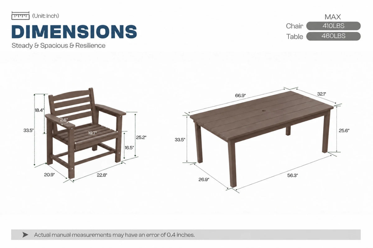 A dimension diagram showing a coffee-colored outdoor chair and matching rectangular table with labeled measurements and weight limits on a white background.