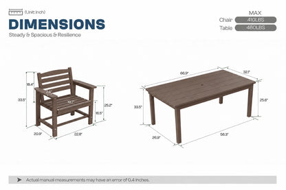 A dimension diagram showing a coffee-colored outdoor chair and matching rectangular table with labeled measurements and weight limits on a white background.