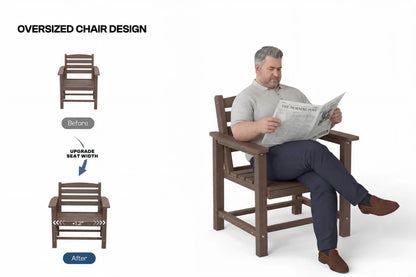 A man sits in a coffee-colored armchair reading a newspaper on a white background, with text and small before/after chair diagrams on the left explaining an oversized chair design and seat-width upgrade.