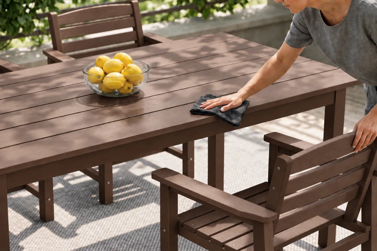 A coffee-colored outdoor dining table and matching chairs on a patio, with a person wiping the tabletop with a cloth and a bowl of lemons on the table.