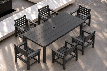A black outdoor dining set consisting of a rectangular slatted table and six matching armchairs, shown from an elevated angle on a stone patio.