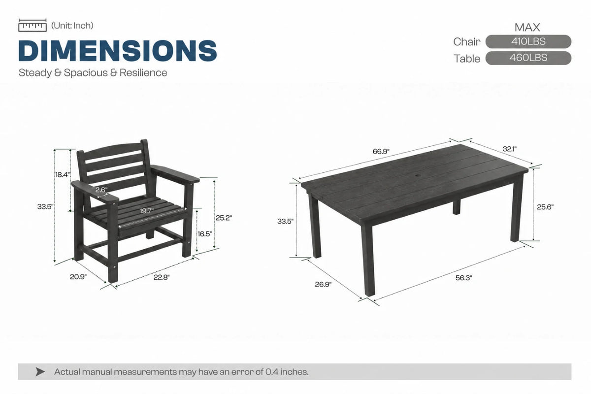 A product dimension diagram showing a black outdoor armchair and matching rectangular table with labeled measurements and weight information on a white background.
