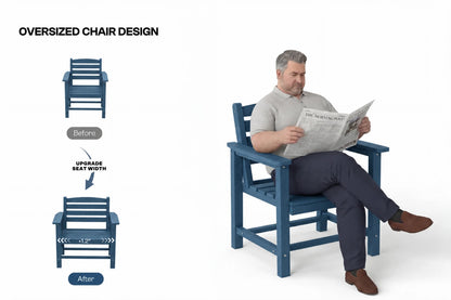 A man sits in a blue oversized armchair reading a newspaper on a white background, with text and small chair diagrams on the left explaining the chair's oversized design and seat-width upgrade.
