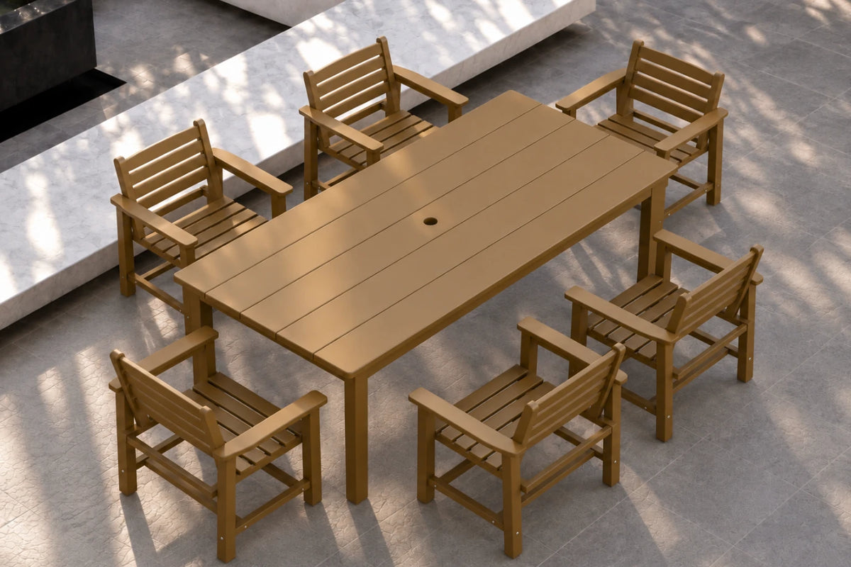 A rectangular outdoor dining table and six matching slatted armchairs in a light brown wood finish, shown from an elevated angle on a paved patio with dappled sunlight.