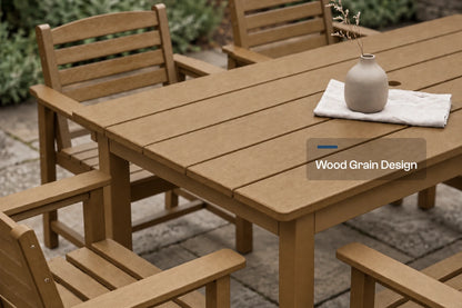 A outdoor dining table with matching slatted chairs on a stone patio, with a small vase and cloth on the tabletop. A text overlay reads 'Wood Grain Design'.