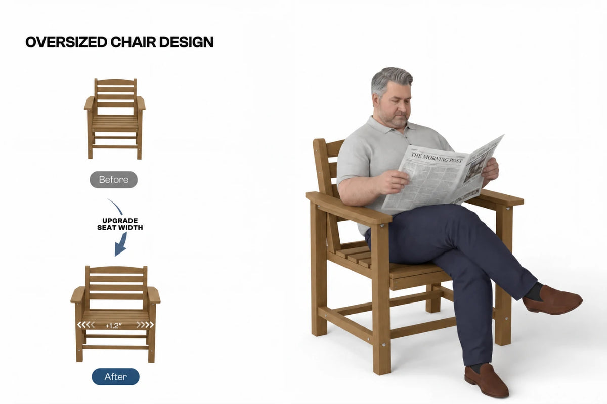 A man sits in an oversized armchair reading a newspaper on a white background, with a smaller before/after chair diagram on the left labeled 'Oversized Chair Design' and 'Upgrade Seat Width.'.