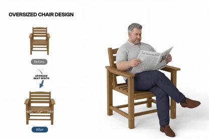 A man sits in an oversized armchair reading a newspaper on a white background, with a smaller before/after chair diagram on the left labeled 'Oversized Chair Design' and 'Upgrade Seat Width.'.