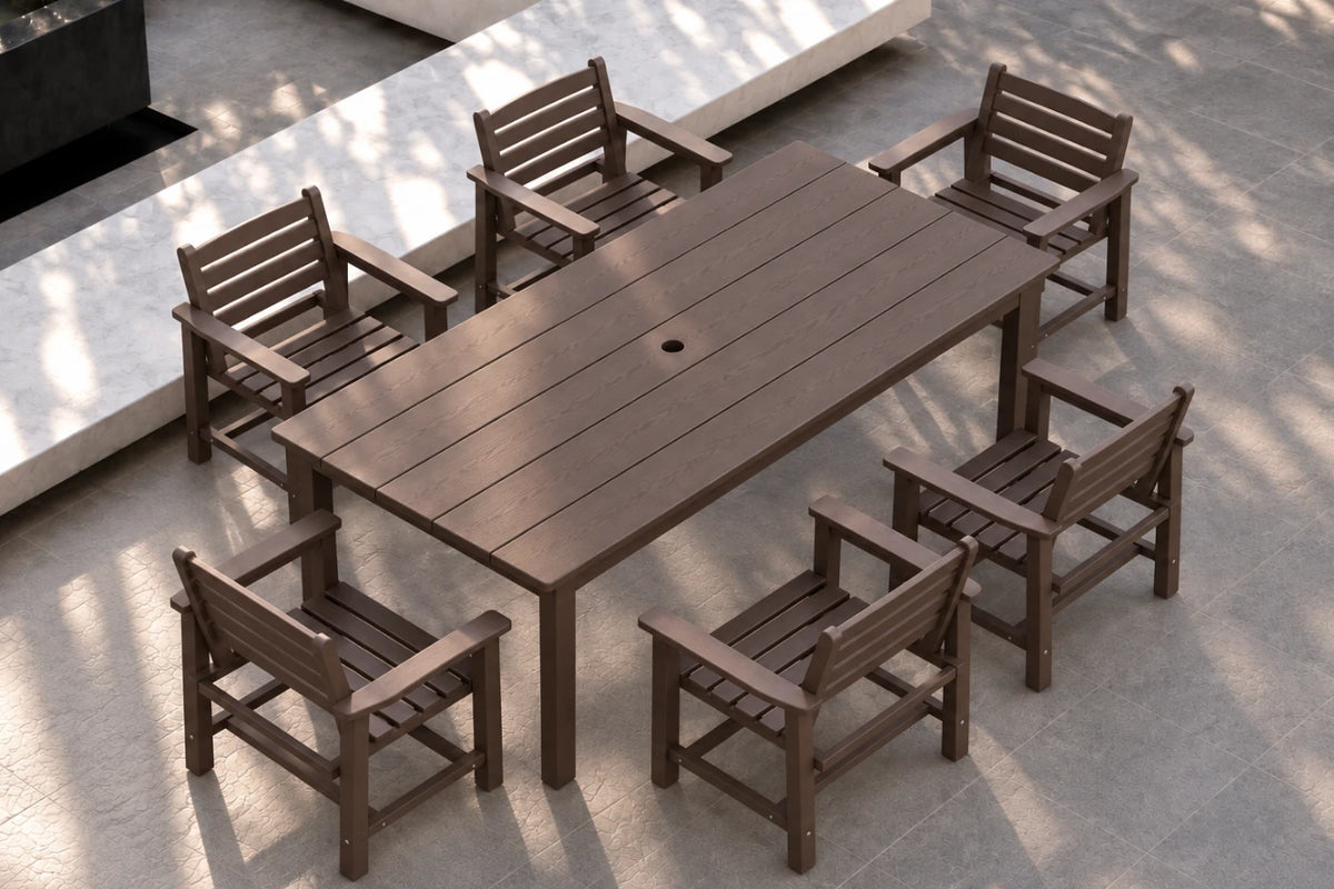 A coffee-colored outdoor dining set consisting of a rectangular slatted table and six matching armchairs, arranged on a light concrete patio with dappled sunlight and shadows.