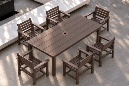 A coffee-colored outdoor dining set consisting of a rectangular slatted table and six matching armchairs, arranged on a light concrete patio with dappled sunlight and shadows.
