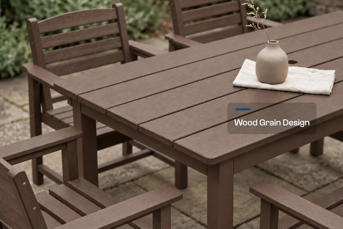 Coffee-colored outdoor dining table and matching chairs on a stone patio, with a small vase on a white cloth and a text overlay reading 'Wood Grain Design'.