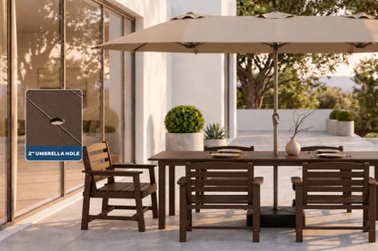 Outdoor patio dining setup with a coffee-colored table and chairs under a large beige umbrella, with a close-up inset showing the 2-inch umbrella hole detail.