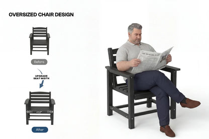 Man sitting on an oversized chair reading a newspaper, with before and after design comparison shown.