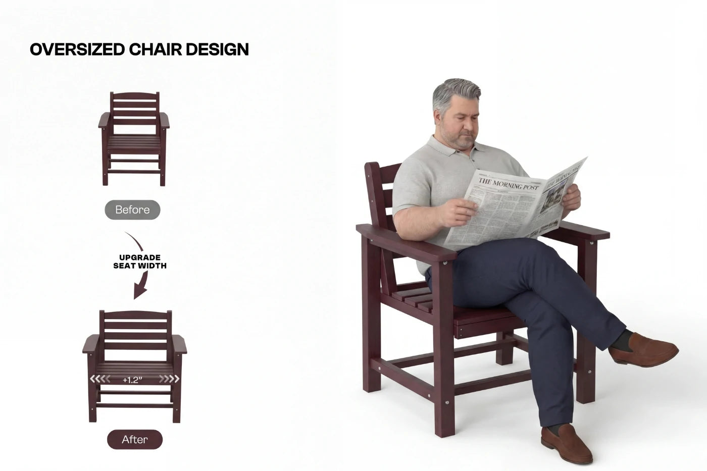 Man sitting on an oversized chair reading a newspaper, with before and after designs shown.