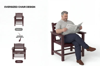Man sitting on an oversized chair reading a newspaper, with before and after designs shown.