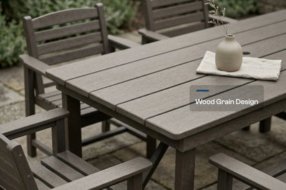 Wooden outdoor furniture set with a table and chairs on a patio.