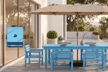 Blue outdoor furniture set with a large beige umbrella on a patio.