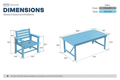 Dimensions of a blue chair and table set with weight capacity information.