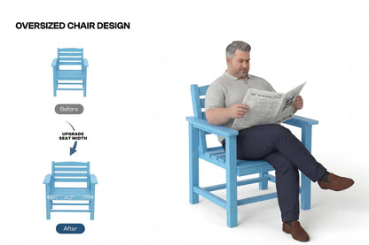 Man reading a newspaper on an oversized chair with before and after design comparison.