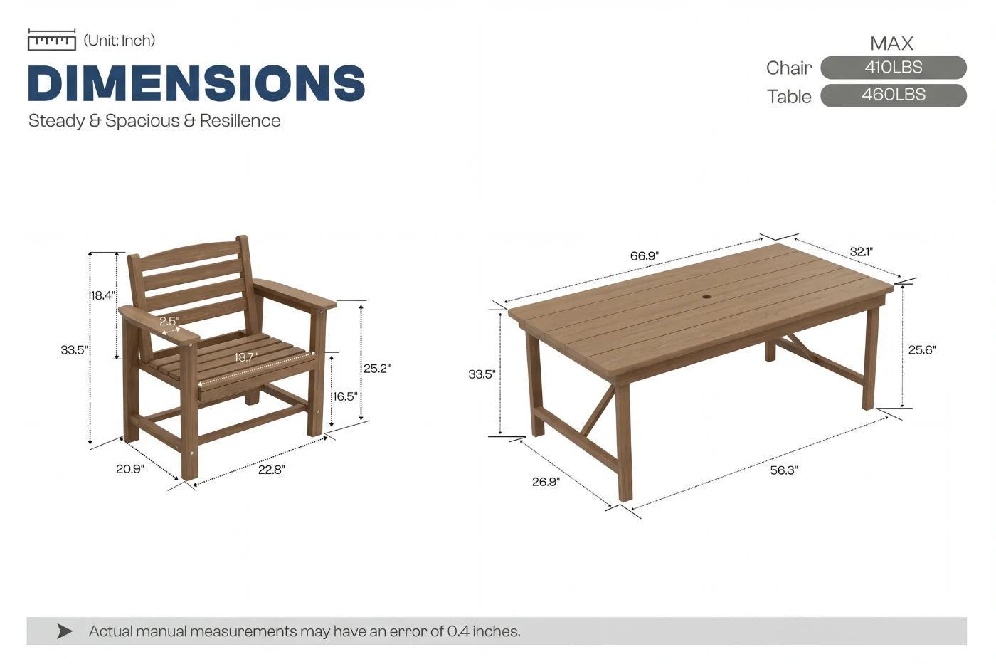 Wooden chair and table with dimensions on a white background