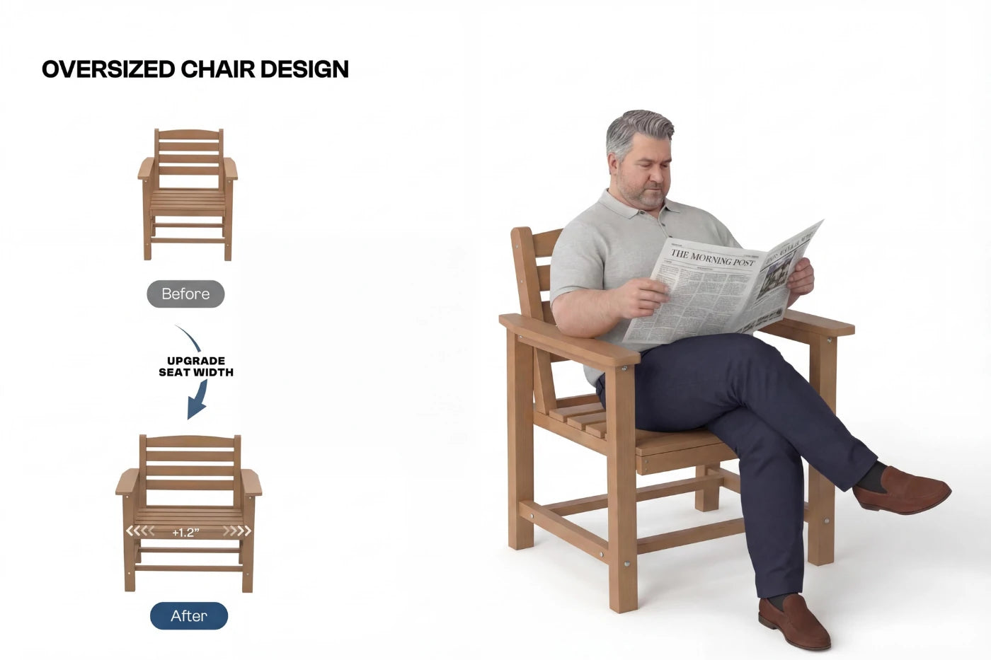 Man sitting on an oversized chair reading a newspaper, with before and after design comparison shown.