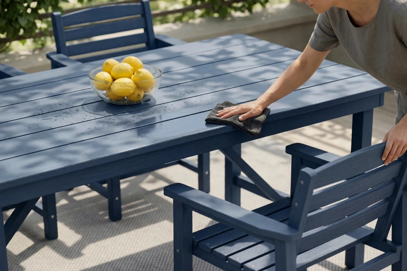 Person cleaning a blue outdoor table with lemons in the background