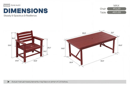 Wooden bench and table with dimensions on a white background