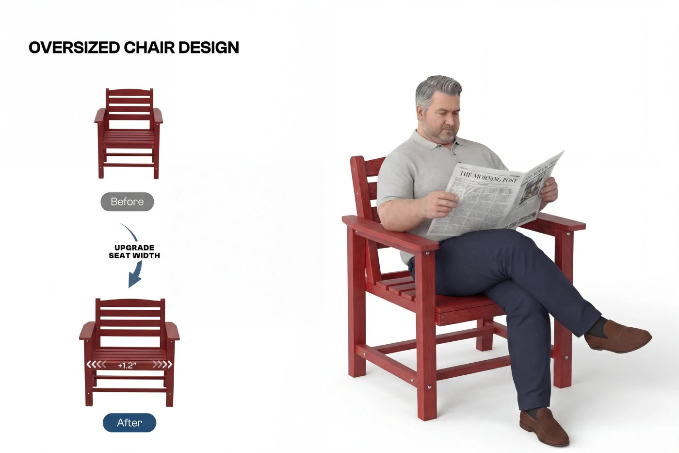 Oversized chair design with a man reading a newspaper, showing before and after comparison.
