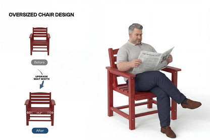 Oversized chair design with a man reading a newspaper, showing before and after comparison.