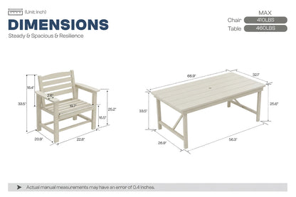 Dimensions of a chair and table set with measurements on a white background