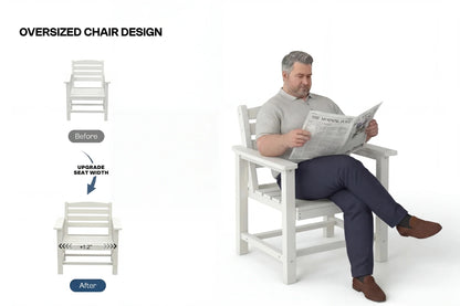 Man reading a newspaper on an oversized chair with design improvements shown.