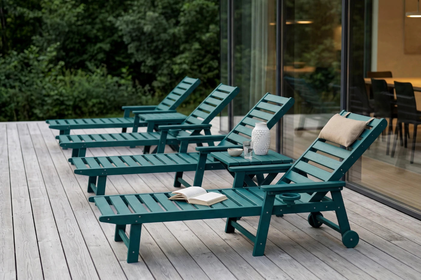 Green lounge chairs on a wooden deck with a modern building in the background
