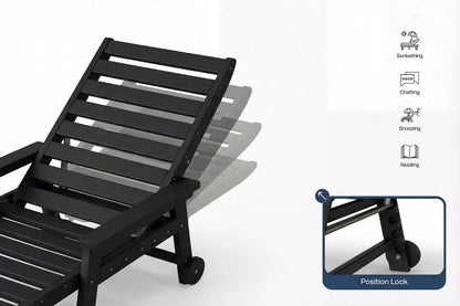 Black lounge chair with features for sunbathing, relaxing, and reading on a white background