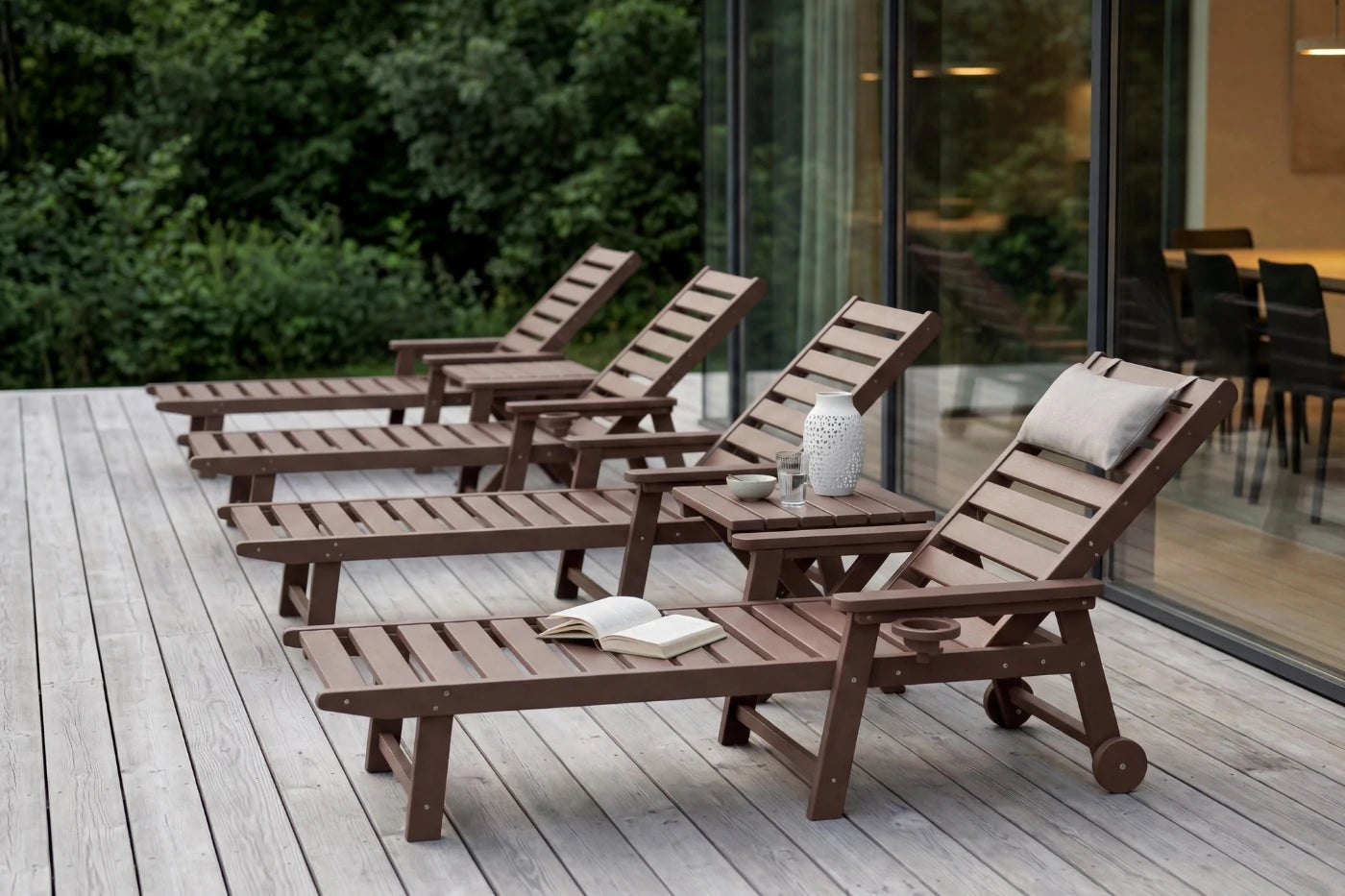 Wooden lounge chairs on a wooden deck with books and a vase.