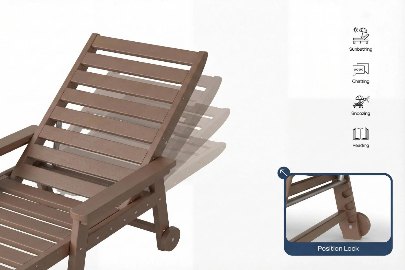 Brown lounge chair with wheels on a white background