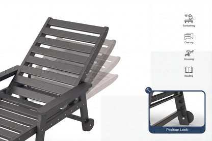 Gray lounge chair with wheels on a white background, featuring icons for sunbathing, reading, and chatting.