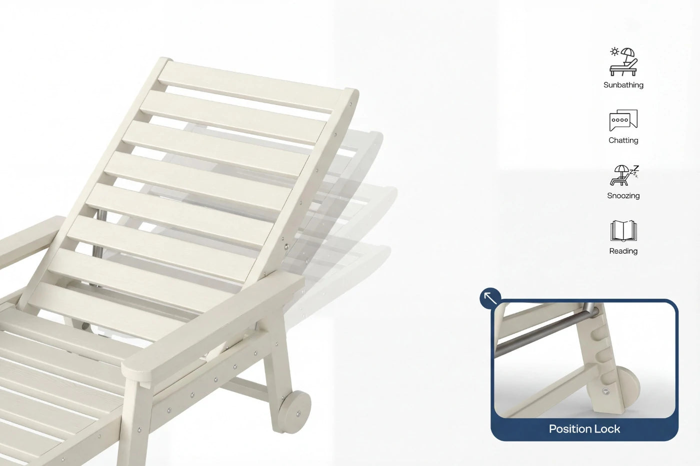 White lounge chair with icons indicating uses on a white background