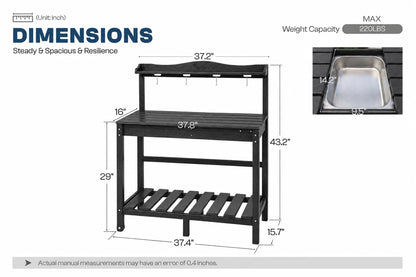 A product dimension diagram for a black HDPE outdoor potting bench with a small sink, showing measurements in inches, weight capacity of 220 lbs, and a small inset photo of the sink on a black surface.