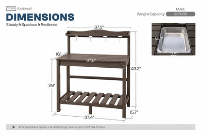 A product dimension diagram for a coffee-colored HDPE outdoor potting bench, showing measurements for height, width, and depth, along with a small inset image of a stainless steel sink insert.