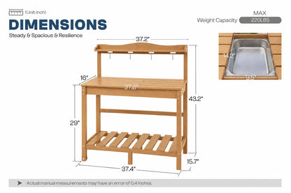 A teak HDPE outdoor potting bench with a shelf and a small sink, shown with dimension labels and a weight capacity note on a white background.