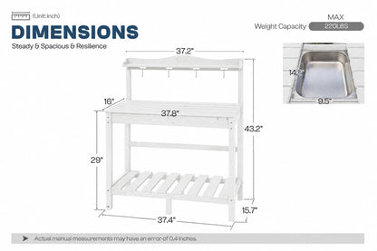 A white HDPE outdoor potting bench with a bottom shelf and a small sink inset, shown with dimension labels and text reading DIMENSIONS and MAX Weight Capacity 220LBS.
