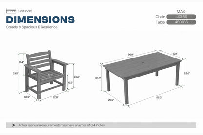 A dimension diagram showing a gray outdoor armchair and matching rectangular table with labeled measurements, plus weight capacity information on a white background.