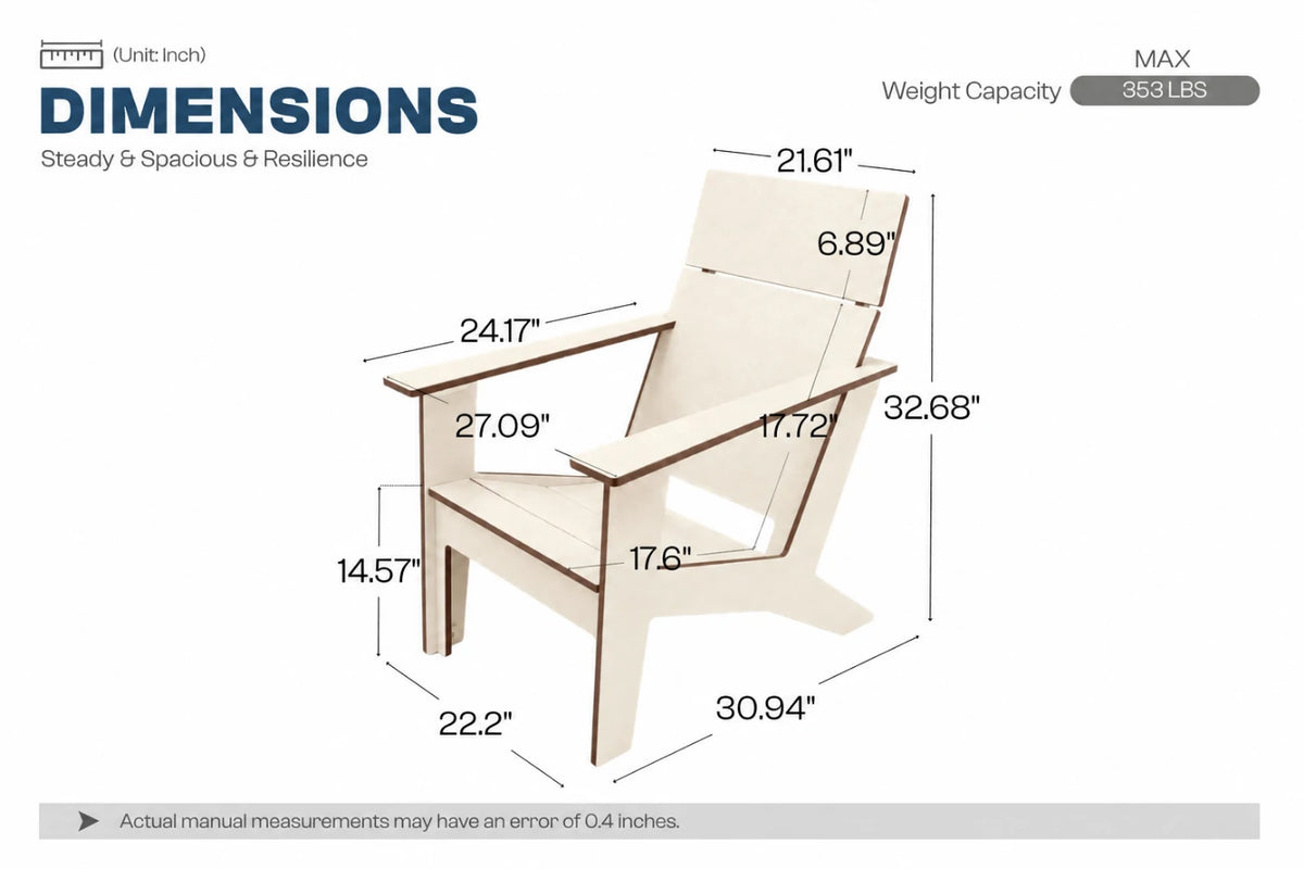 A dimension diagram of a modern poly Adirondack chair with labeled measurements, weight capacity, and text reading 'DIMENSIONS' on a white background.