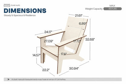 A dimension diagram of a modern poly Adirondack chair with labeled measurements, weight capacity, and text reading 'DIMENSIONS' on a white background.