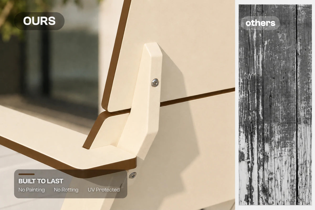 Close-up of a beige outdoor chair armrest with brown trim, labeled 'OURS', alongside a wood-grain texture panel labeled 'others' and text noting built-to-last no-paint construction.