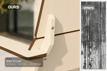 Close-up of a beige outdoor chair armrest with brown trim, labeled 'OURS', alongside a wood-grain texture panel labeled 'others' and text noting built-to-last no-paint construction.