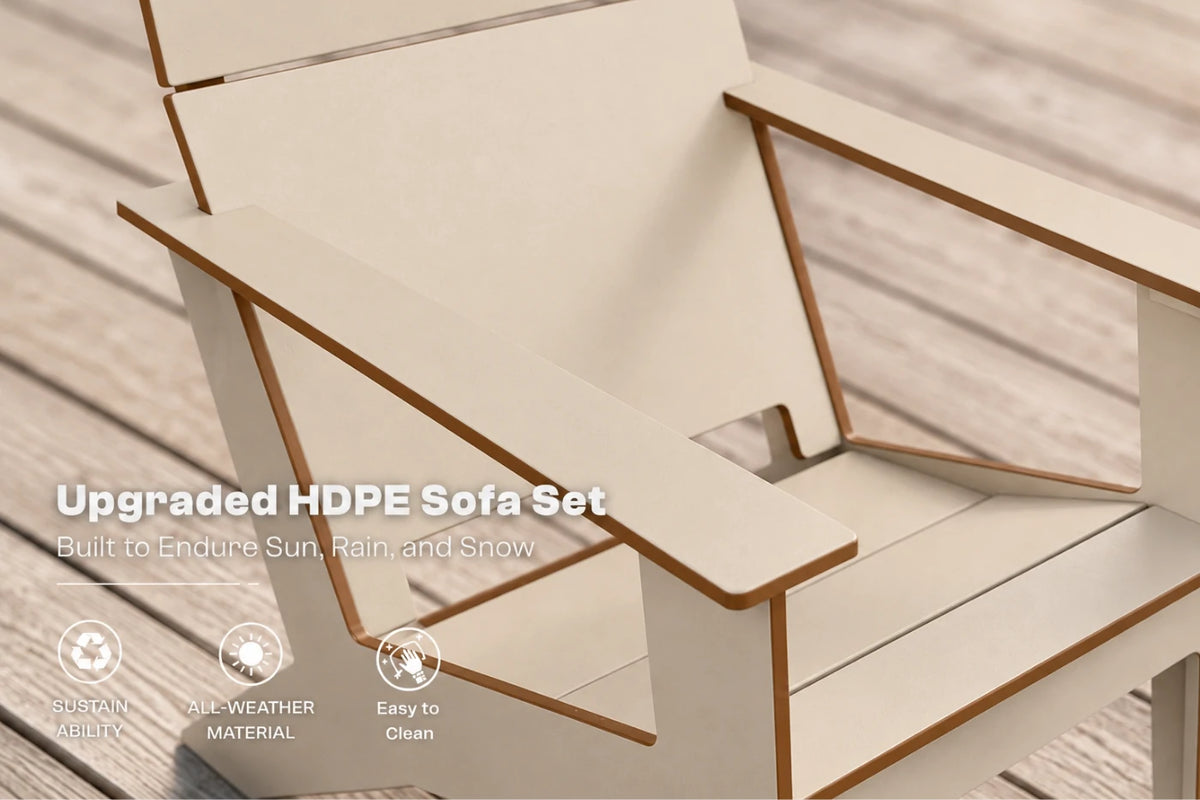 An upgraded HDPE outdoor sofa set shown on a wooden deck, featuring a beige seat and back with natural brown wooden armrests and frame. Text overlays on the left read 'Upgraded HDPE Sofa Set' with feature icons below.