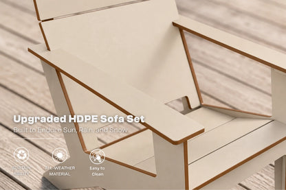 An upgraded HDPE outdoor sofa set shown on a wooden deck, featuring a beige seat and back with natural brown wooden armrests and frame. Text overlays on the left read 'Upgraded HDPE Sofa Set' with feature icons below.