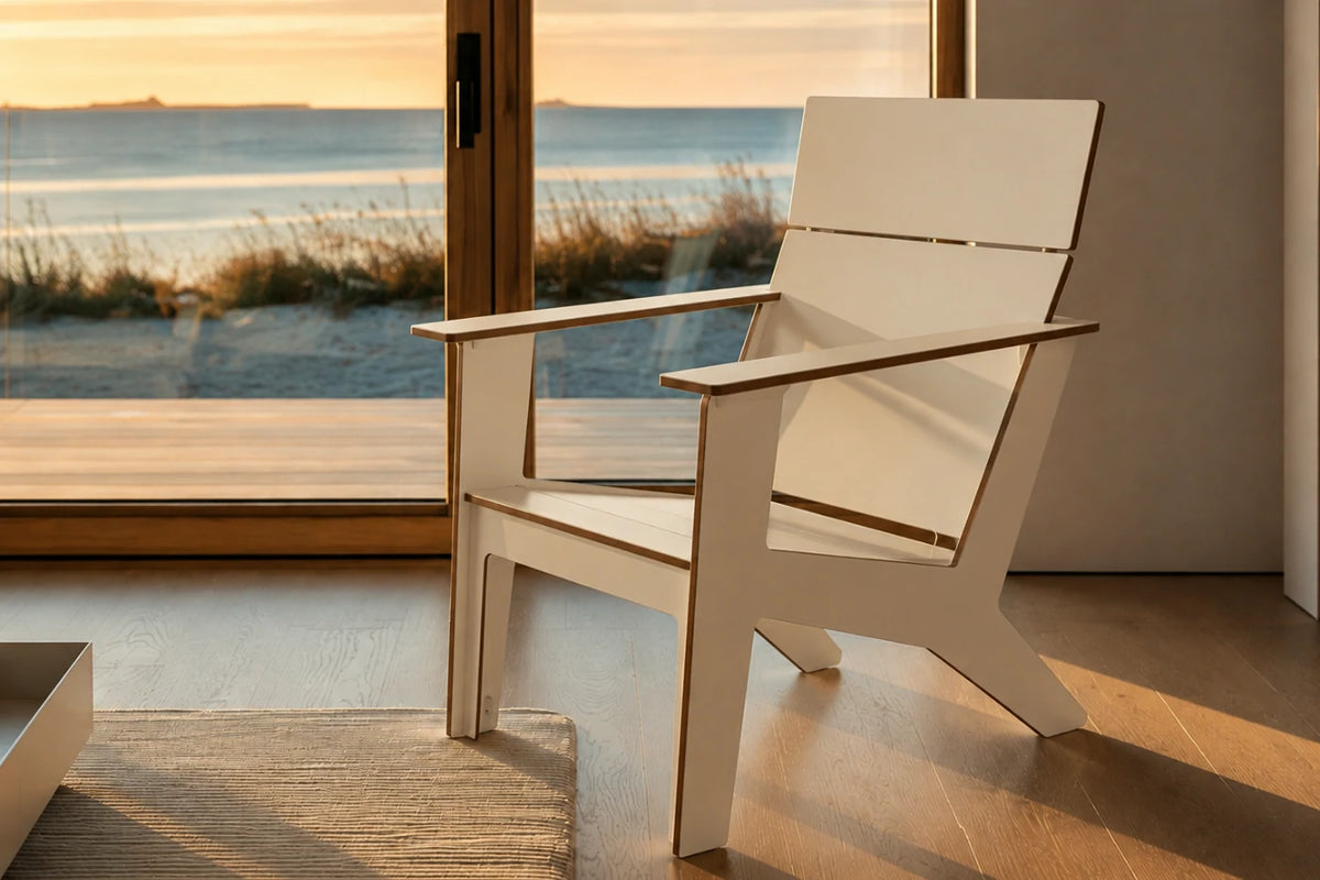 A modern beige wooden Adirondack-style chair with a minimalist design, positioned in a room with a large window overlooking a beach at sunset.