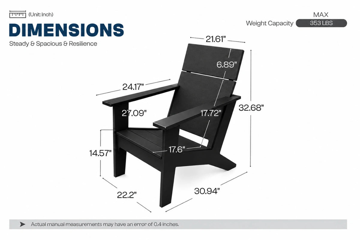 A black outdoor Adirondack-style chair shown with overlaid dimension lines and measurements for width, height, and depth on a white background, with the heading 'DIMENSIONS'.